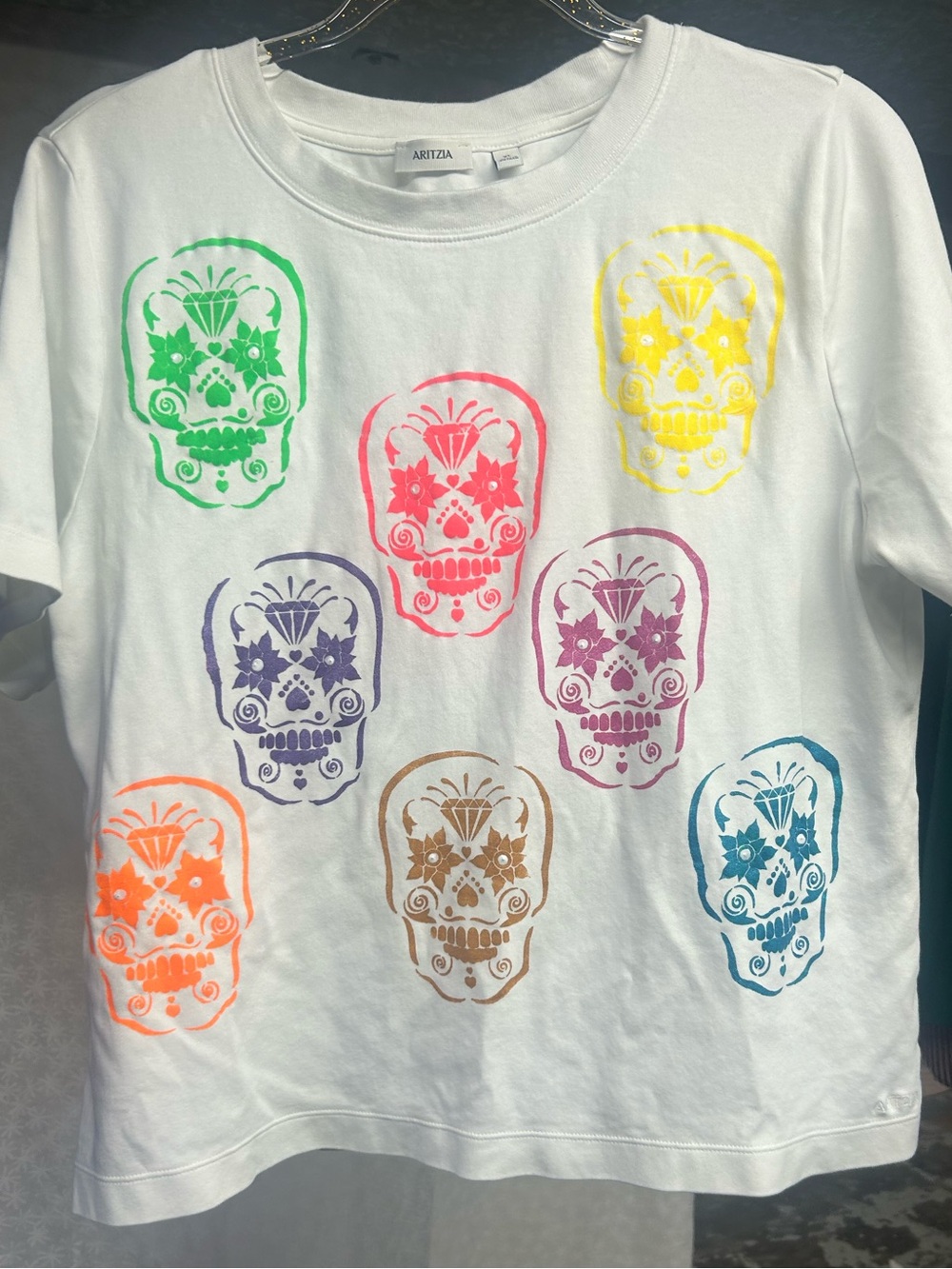Aritzia White Tee with Neon Sugar Skull Print